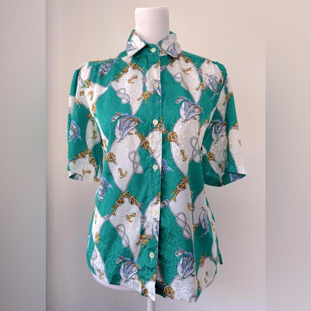 Vintage ‘80s All Hours Sailboat & Anchor Print Short Sleeve Collared Blouse
